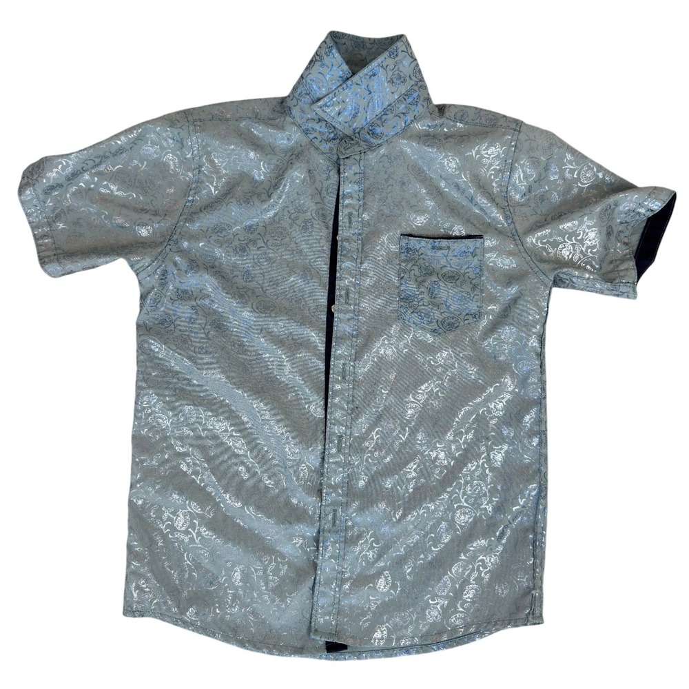 Consequence Little Boy Steel Blue Foiled Vined Roses Button Down Shirt 7 XL